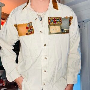Teacher Core Vintage-Inspired Cream Patchwork Button-Up Shirt Jacket